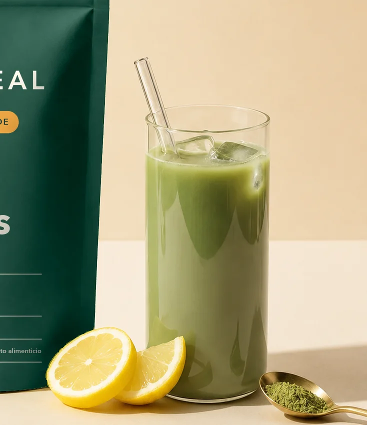 Vaso de bebida verde con limón
